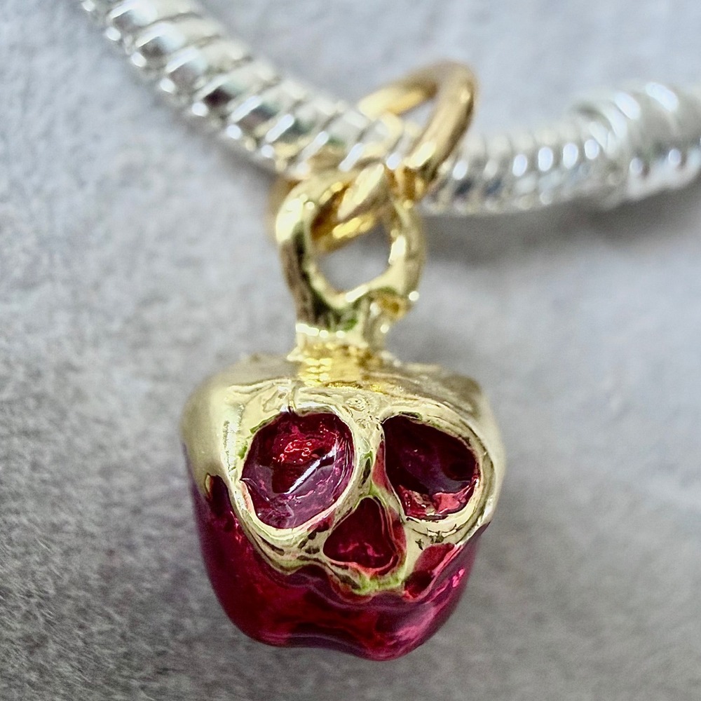 Snow White Poison Apple Skull Dangle Charm Red Gold Tone fits PANDORA